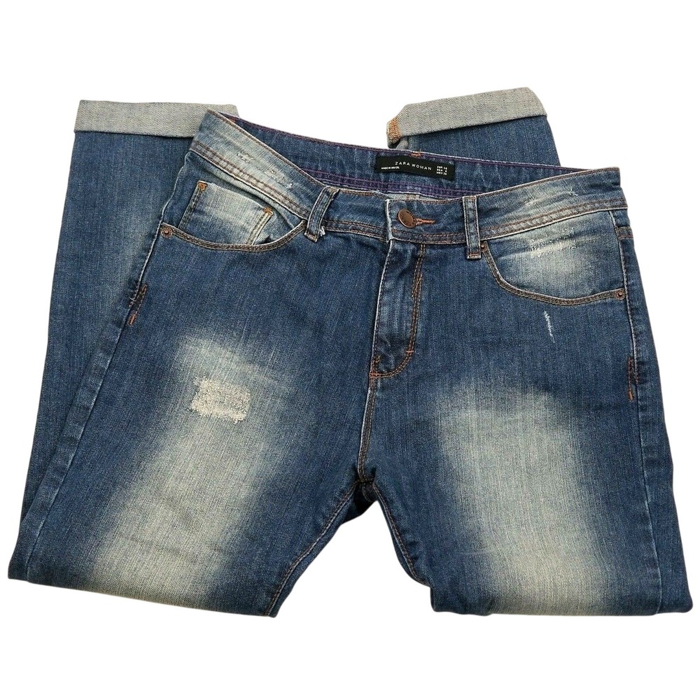 Zara Jeans Women 4 Blue Premium Collection Couture Distressed Straight Leg Denim
